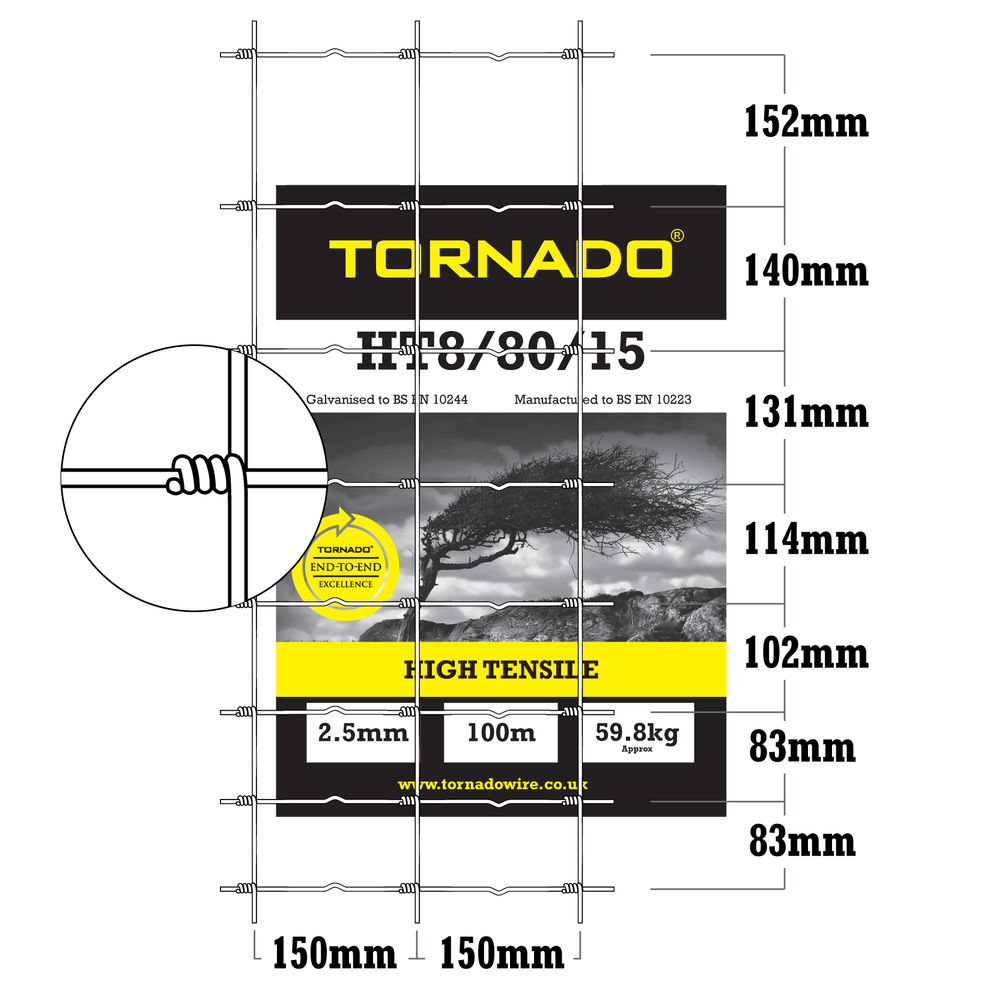 Tornado Wire 500M Rolls of HT8/80/15 High Tensile Stockfence Netting F